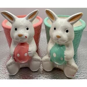 Bunnies Holding Easter Egg With Basket Ceramic Planters 2 piece set